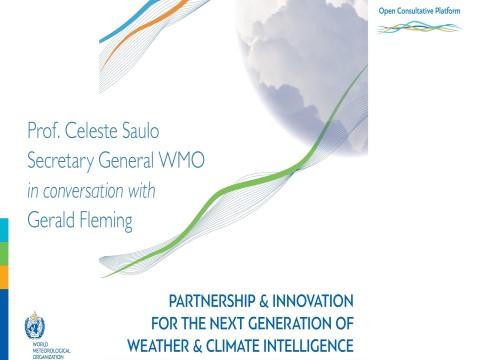 Promotional graphic for a WMO event featuring Prof. Celeste Saulo and Gerald Fleming, focused on weather and climate intelligence partnership and innovation.