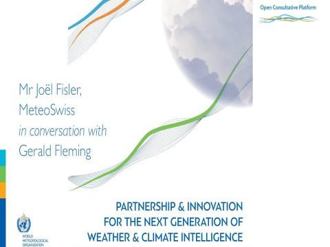 Promotional graphic showing Mr. Joël Fisler of MeteoSwiss in conversation with Gerald Fleming about partnership and innovation in weather and climate intelligence.