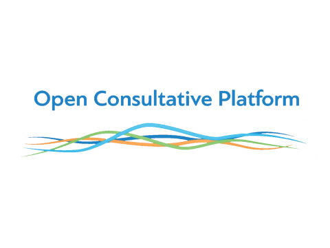 Logo with the text "Open Consultative Platform" above interwoven blue, green, and orange curved lines on a white background.